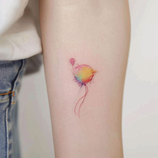 Colorful minimalist tattoo sketch of a balloon floating away in a clear sky, freedom motif