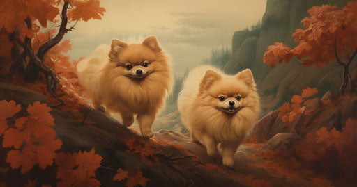 Two small dogs and a woman walking down a hill