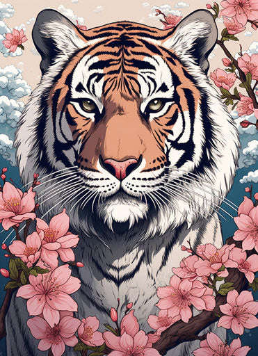 Tiger with floral pattern on gray background, vibrant manga style