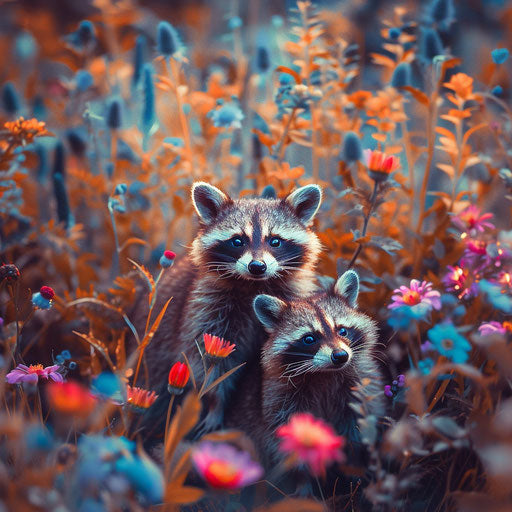 Raccoons among colorful wildflowers