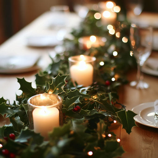 Festive table centerpiece with holly garland and candles