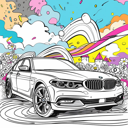 A BMW car in a lively, expressive cartoon scene in the style of Walt Handelsman coloring book page