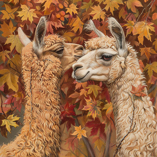 Alpacas embracing under an autumn canopy