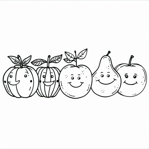 A row of smiling fruits with simple faces