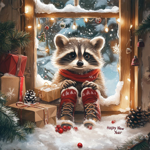 A raccoon in Christmas boots looks out the window