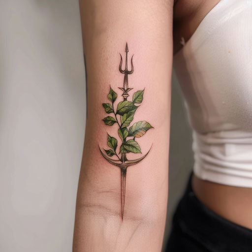 Eco-themed trident tattoo with green leaves on white background