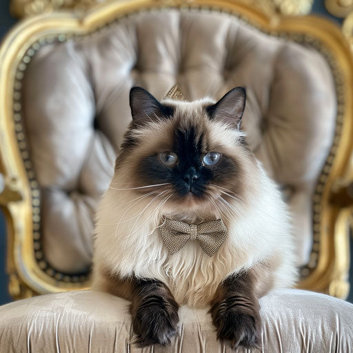 Himalayan cat with a bow tie sitting on a classic armchair