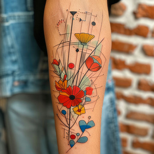 Wildflower tattoo with geometric shapes, bold lines, vibrant colors