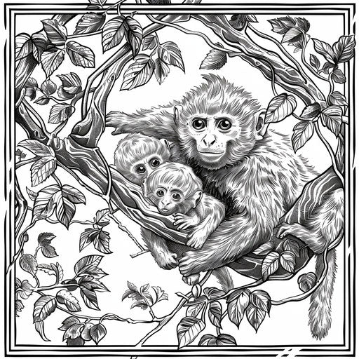 Detailed illustration of a monkey and its baby clinging to a vine
