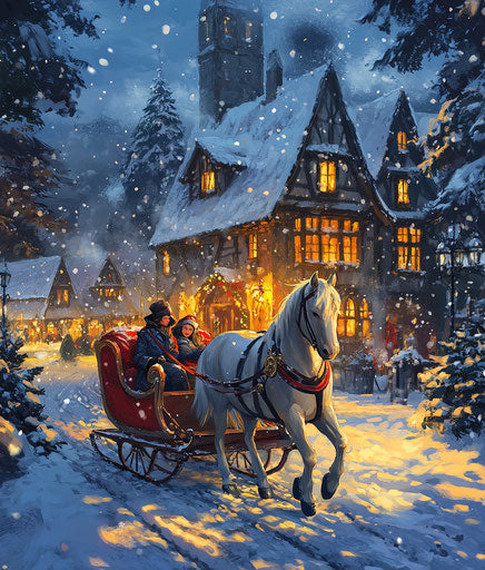 White horse pulling elegant red sleigh in snowy Christmas village