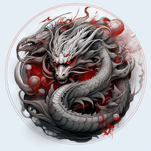 Spherical sculptures in red and gray: Asian dragon tattoo design