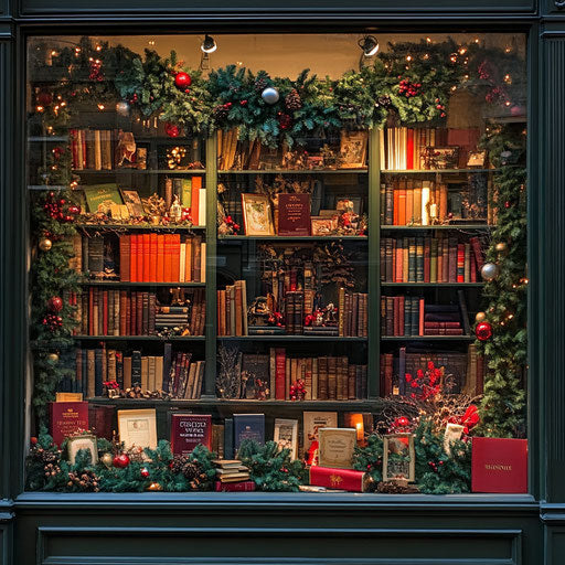 Charming bookstore window display with holiday books and mistletoe