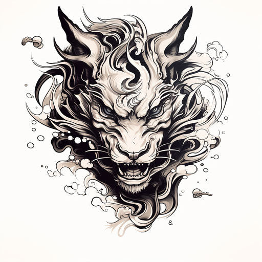 Mysterious dragon, mischievous feline, minimalistic black-white