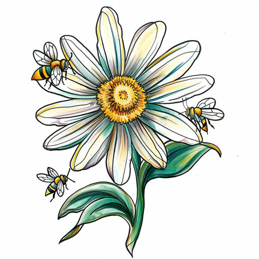 Playful tattoo sketch of a daisy with cartoonish bees