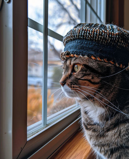 The cat with the samurai hat looking out the window