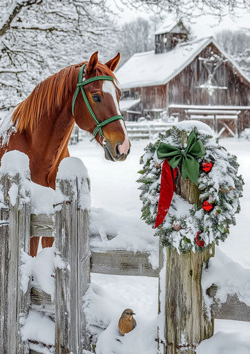 Red horse with green ribbon by snowy fence Christmas bird