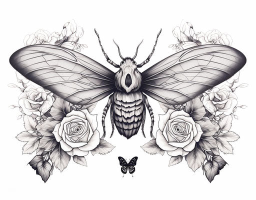 Black and white drawing of a spider with a moth on roses and vintage illustration free vector