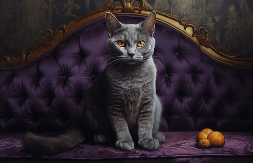A grey cat standing on the couch, in the style of light purple and dark gold, distinct facial features 17:11