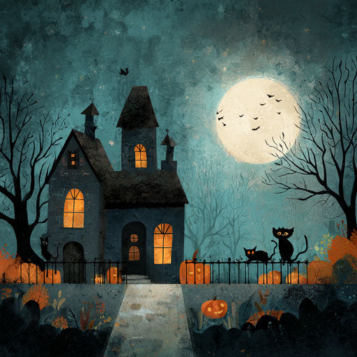 Spooky Halloween Scene with Haunted House and Cats