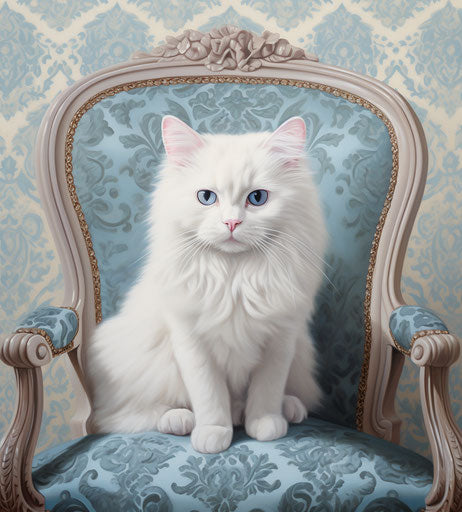 White cat with blue eyes sitting on a chair, Persian style