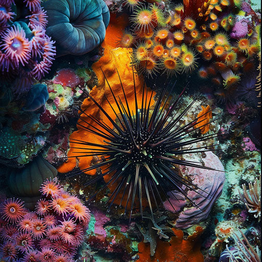 Sea urchin on a vibrant coral reef teeming with life