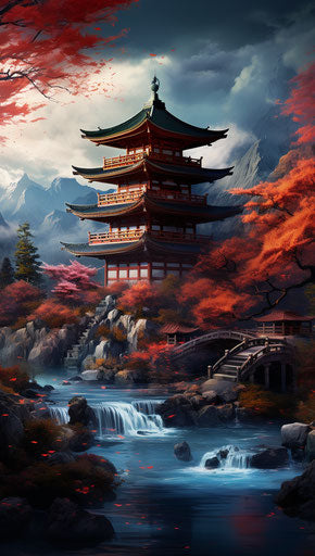 Japanese pagoda in autumn, digital fantasy landscapes