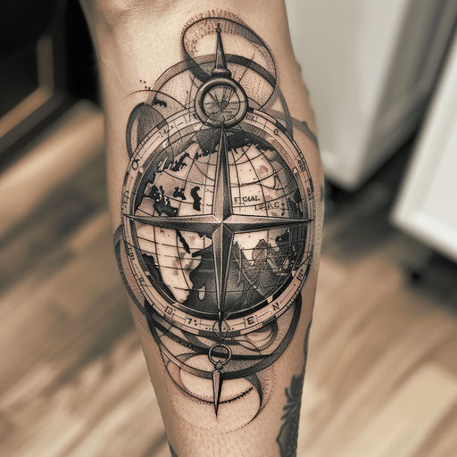 Stylized globe and compass tattoo in black and gray on white background