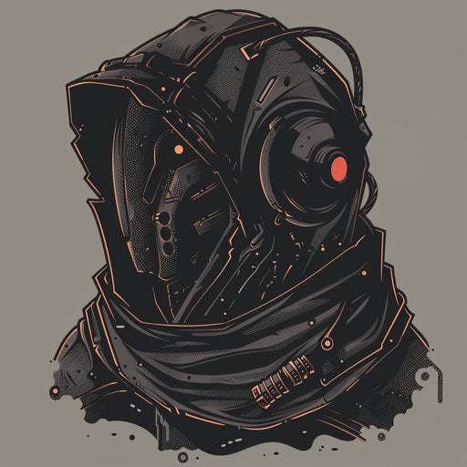 Dystopian hood with metallic elements and dark colors