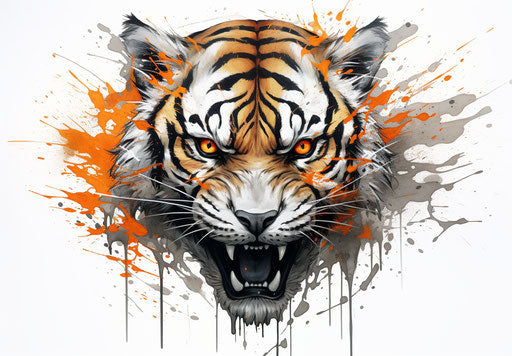Tiger skull design on white background, flowing orange and black lines