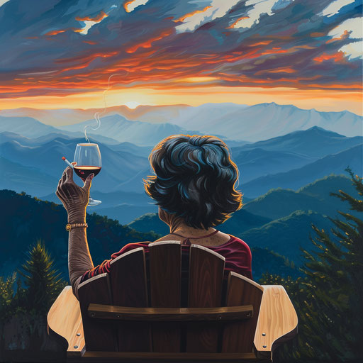 Elderly woman with short brunette hair sitting in an Adirondack chair facing the Blue ridge mountains during golden hour with a glass of red wine in her right hand and a cigarette in her left hand