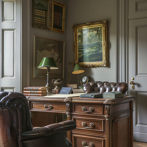 Elegantly understated home office with vintage oak desk, leather chair, and classic green lamp