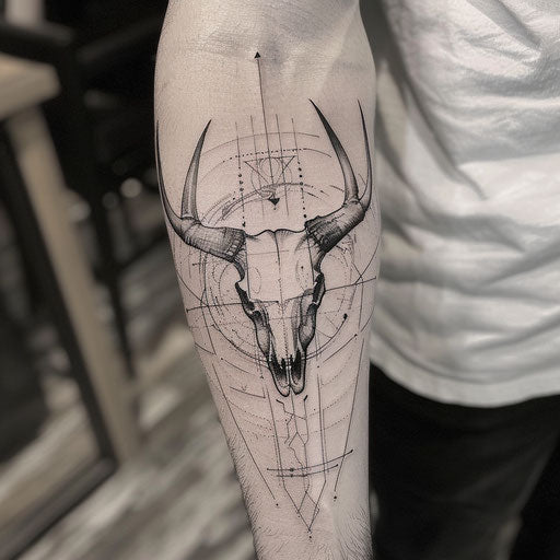 Bull skull tattoo with optical illusion effect on white background