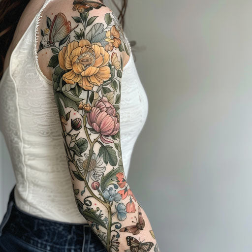 Botanical sleeve tattoos for women with intricate flowers and butterflies