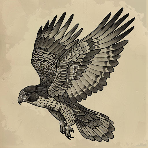 Dynamic tattoo sketch of a venomous hawk, flat style with sharp blacks and grays