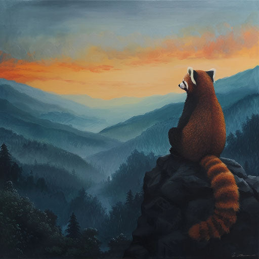 Red panda meditating on a mountain at sunrise