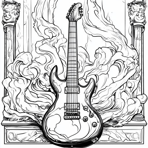 Guitar with epic backgrounds and heroic themes in the style of Mark Schultz coloring book page