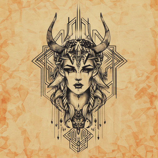 Flat art deco tattoo sketch with Freya framed by geometric Viking art