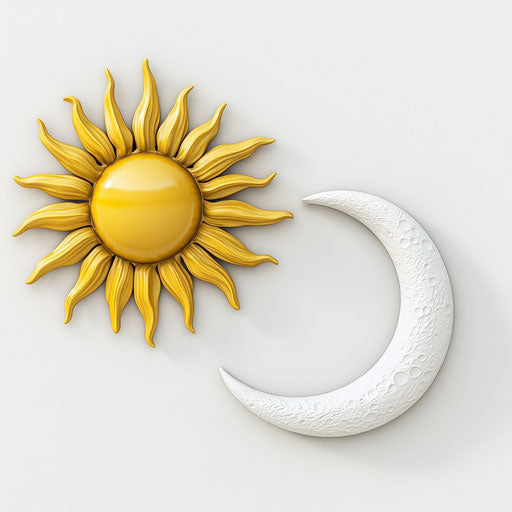 Sun and moon in 3D photo realistic style on flat white background