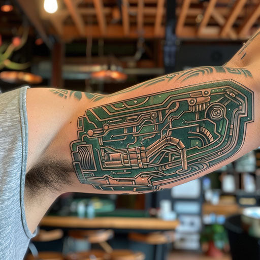 Biomechanical circuit tattoo on bicep, Guy Aitchison style