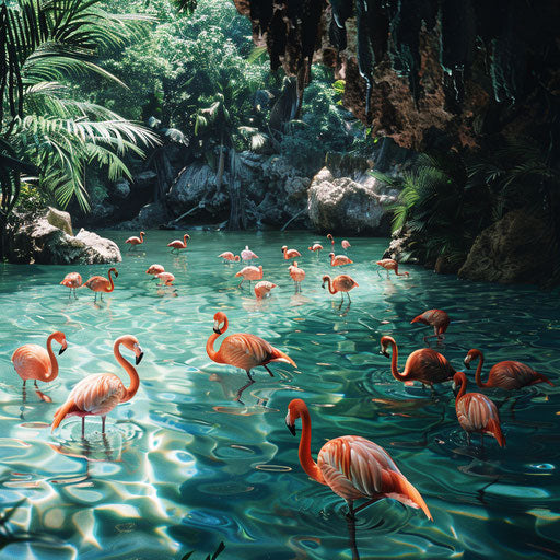 Flamingos in crystal-clear tropical lagoon