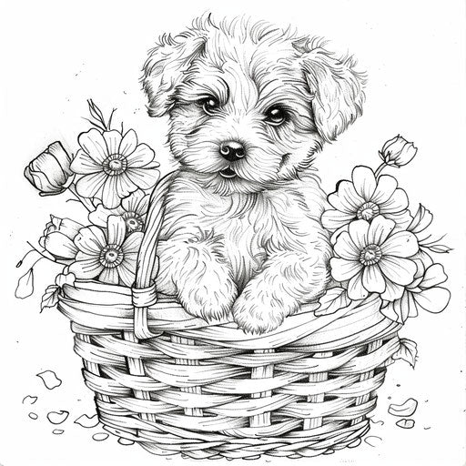 A cute puppy sitting in a basket of flowers, in the style of Stephen Wiltshire, coloring book page