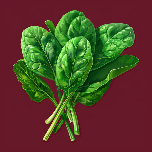 Realistic spinach illustration on rich burgundy background, luminous effect