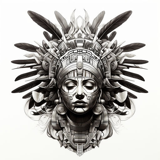 Black and white drawing of Aztec head dress, historical