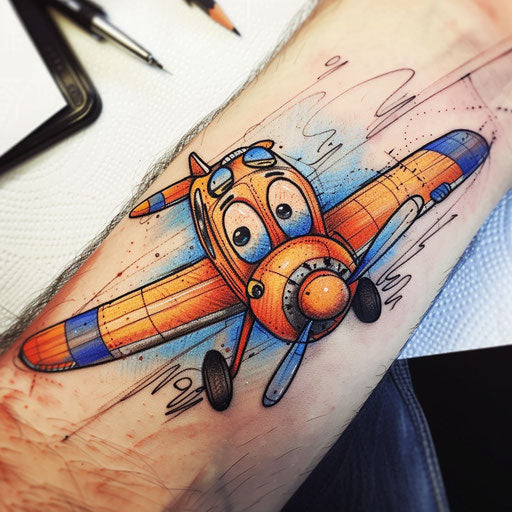 Cartoon style tattoo sketch of a funny animated plane with eyes
