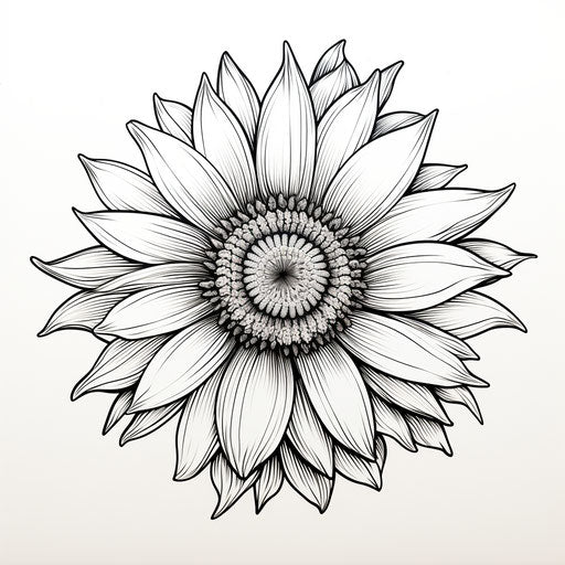White Sunflower Coloring Page, Minimalistic Black and White Style