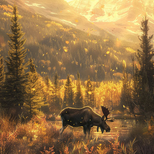A moose grazing in a valley filled with the golden light of an autumn afternoon