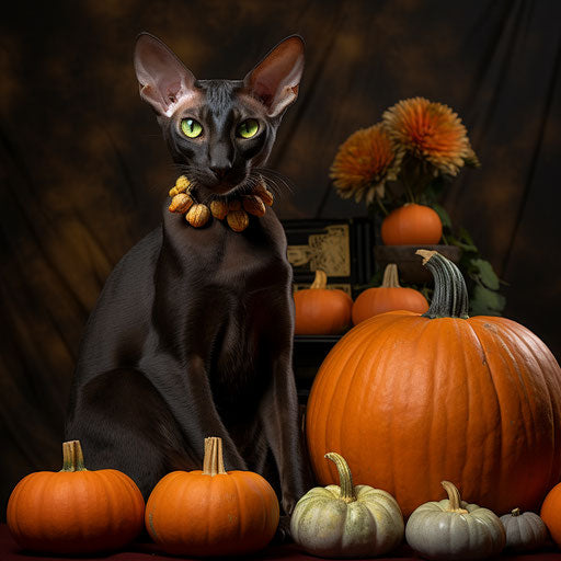 Oriental shorthair cat resting with pumpkins