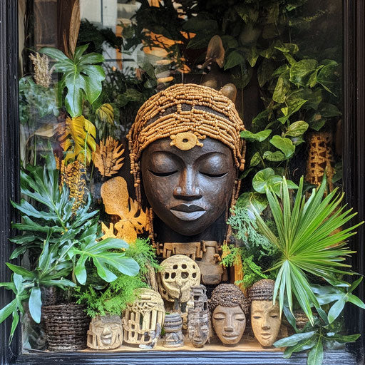 A beautiful kinara surrounded by plants and African cultural artifacts