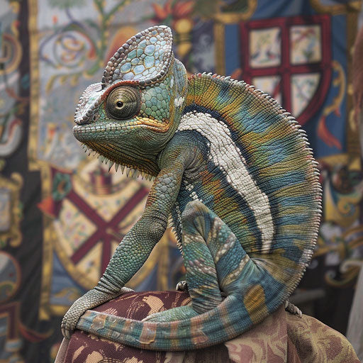 Chameleon at medieval fair, blending into tapestries