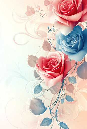 Valentine's Day vector illustration, heart-shaped roses and swirls in red, pink, blue, and cream colors on light pastel background with gradient, elegant, dreamy, romantic, high resolution, professional photo, intricate details.